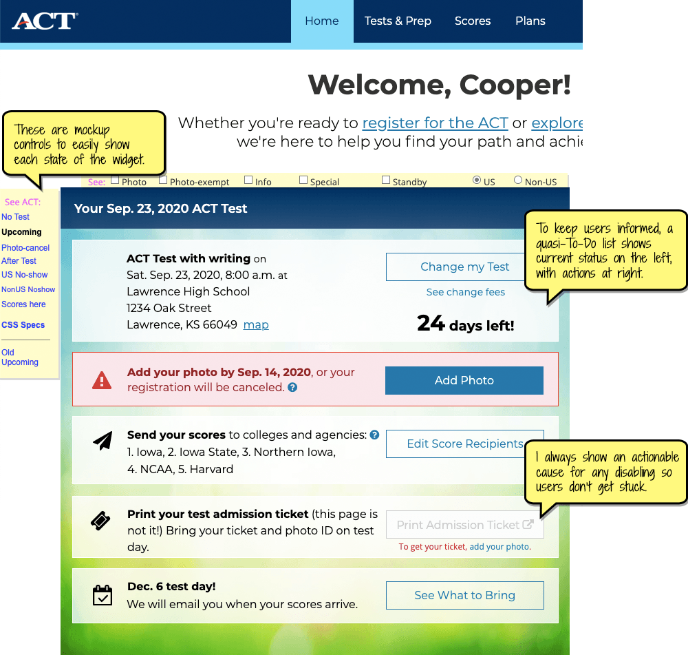 Screenshot of the ACT test widget on the user's dashboard.