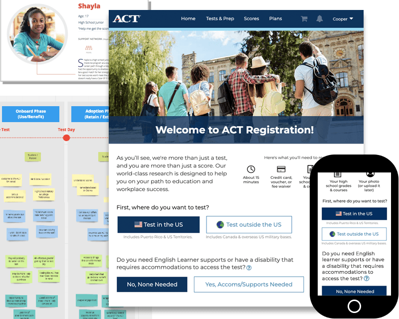 Collage of screenshots and user research tools from the MyACT project.