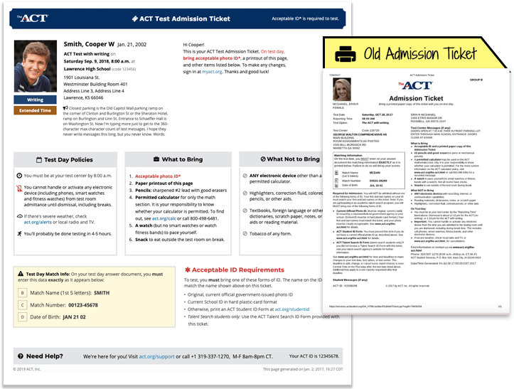 Screenshot of the new and old test admission ticket.