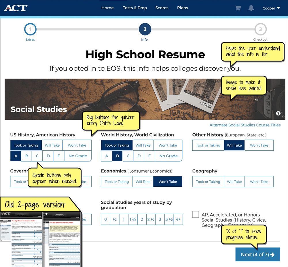 Annoted screenshot of the ACT course entry page.