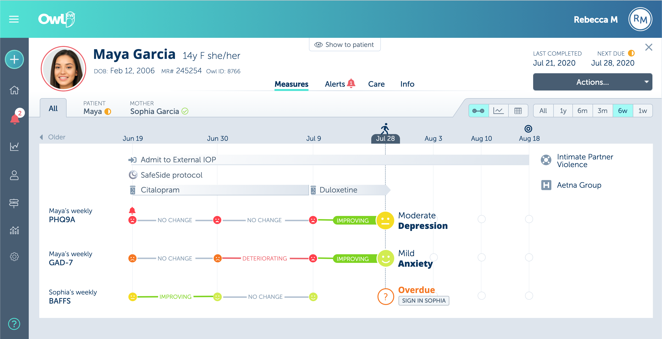 Screenshots of a clinician UI for a mental health-tracking SaaS application.
