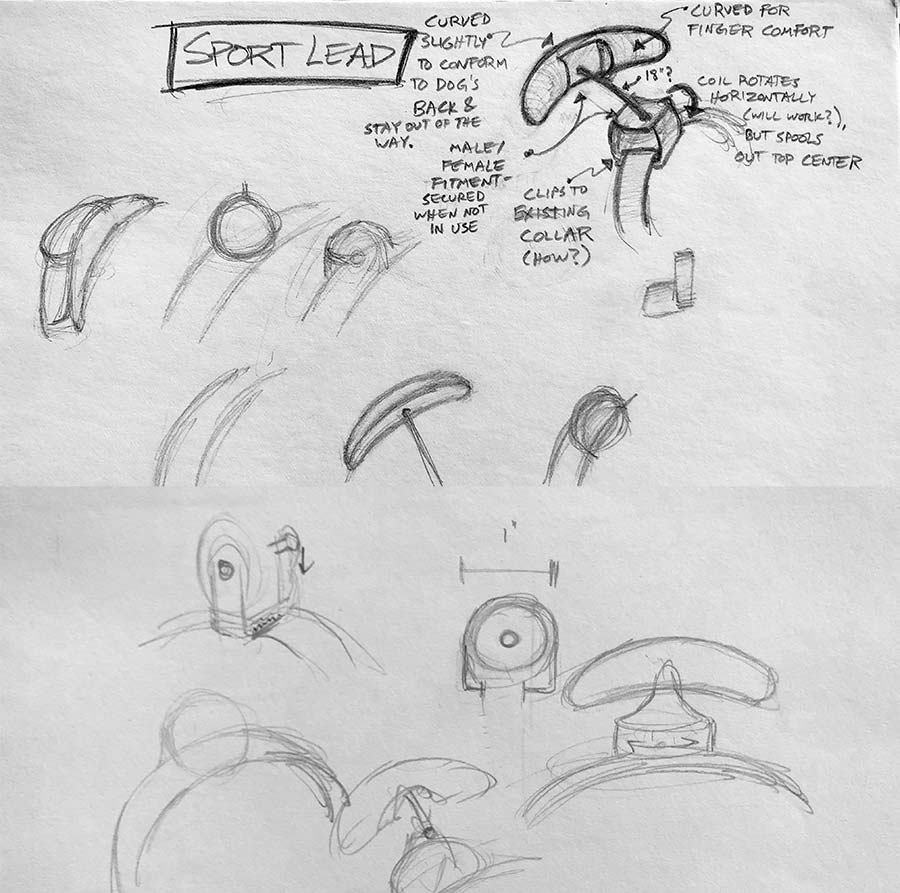 Sketch of a collar-mounted retractable dog leash.