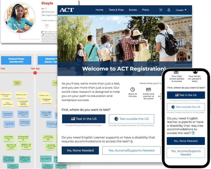 Personas, user flows, and task / user analysis from ACT Test Registration project.